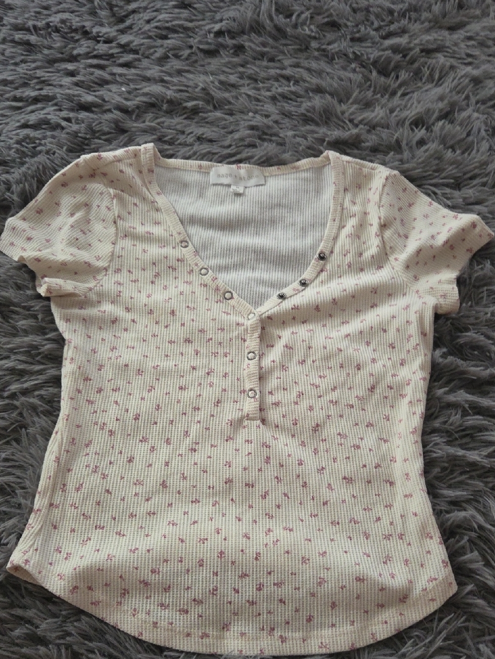 Women's Sage And Stone Ribbed Henley Top with Pink Floral Print. MEDIUM.